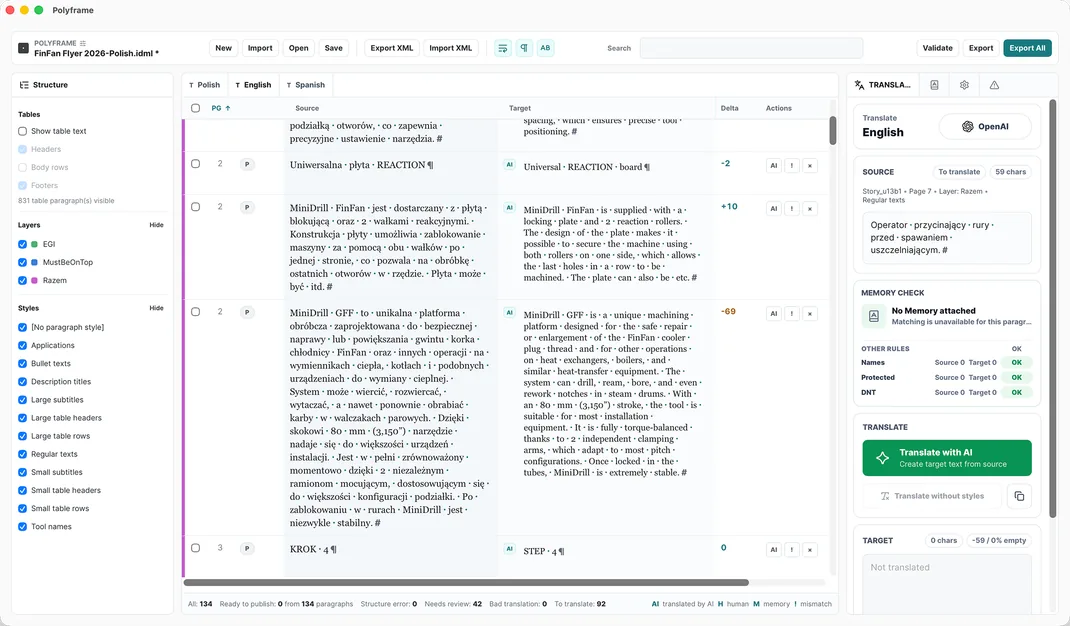Polyframe desktop app showing text from an InDesign catalogue prepared for several language versions