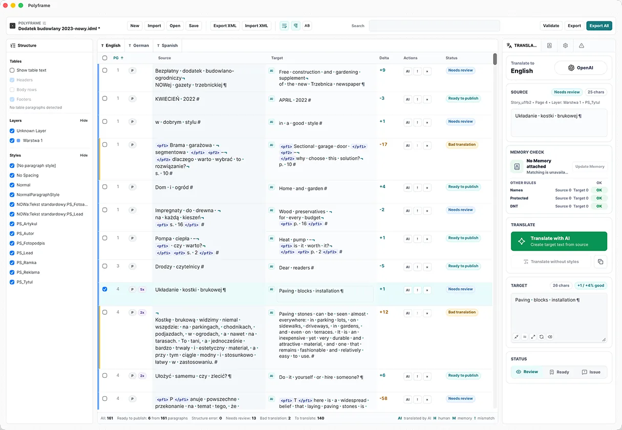 Technical product manual translated in the Polyframe desktop app with terminology and status controls